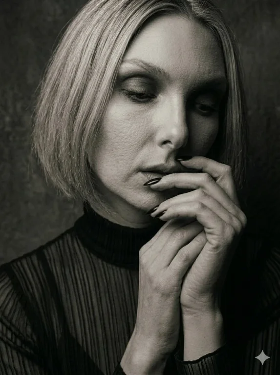 Blonde woman frames her face with glossy black stiletto nails