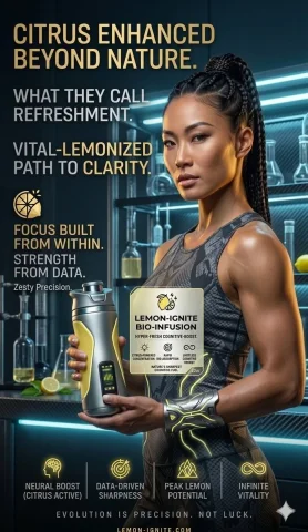 Athletic woman holds futuristic shaker in neon cyberpunk lab — Nano Banana 2 AI Prompt: A futuristic advertisement featuring an athletic woman with braided hair in a hi...