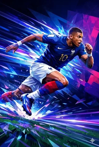 Messi runs through shattered light on a dramatic abstract pitch — Nano Banana 2 AI Prompt: A hyper-detailed digital art painting of Lionel Messi in the Argentina white and...