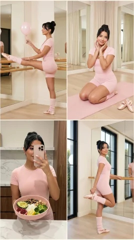 A ballerina stretches in pink at an evening studio — Nano Banana 2 AI Prompt: { "generation_request": { "meta_data": { "task_type": "2...