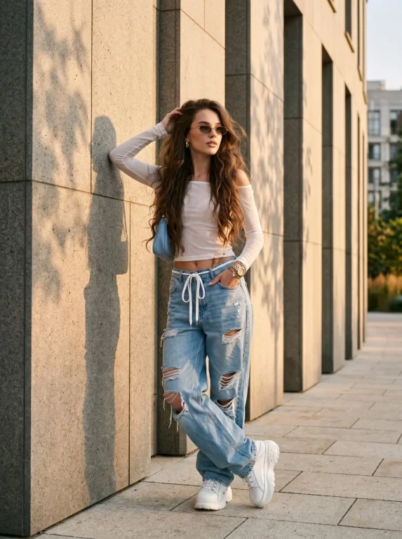 Stylish Street Fashion Portrait with Modern Stone Wall