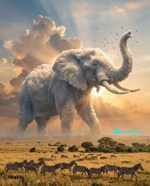 Giant elephant-shaped cloud floats above zebras on African savanna.