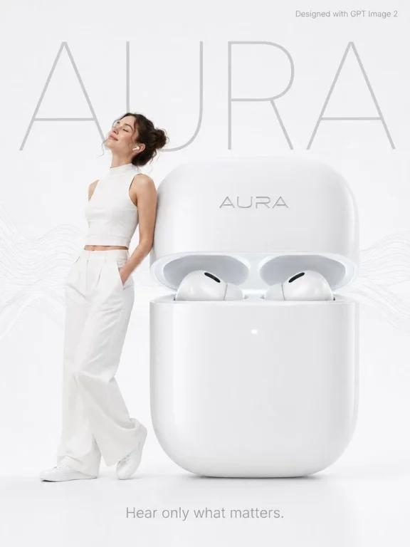 Woman in white enjoys music beside giant glowing earbud case
