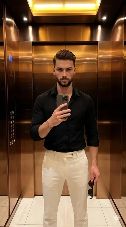 Man in black shirt poses in elevator with smartphone and sunglasses.