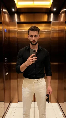 Man in black shirt poses in elevator with smartphone and sunglasses. — Nano Banana 2 AI Prompt: A young male stands facing the camera in a deliberately posed, serious stance, h...