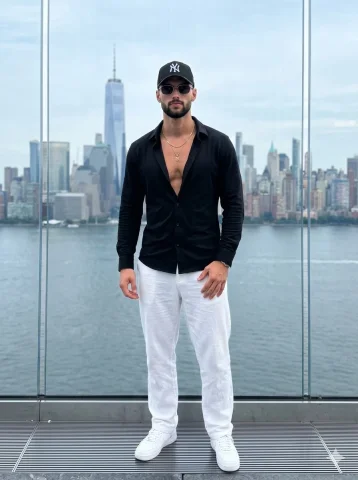 A confident man in black and white stands before Manhattan skyline — Nano Banana 2 AI Prompt: A confident, muscular adult male stands centered in the frame, facing the camera...