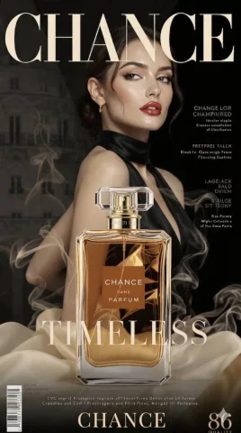 A glamorous woman in a black halter dress holds CHANCE perfume — Nano Banana 2 AI Prompt: A high-end magazine cover titled "CHANCE" featuring an elegant woman in a black...