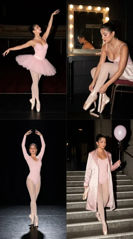 A ballet dancer poses in a pink tutu backstage with direct flash