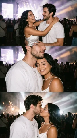 A couple shares an intimate dance at a dreamy night festival — Nano Banana 2 AI Prompt: { "concept": "concert_couple_white_pearl_dreamy_night", "format": "verti...