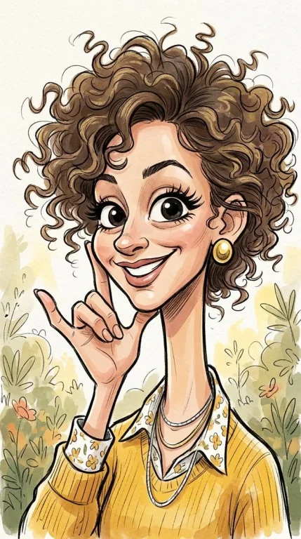 Curly-haired caricature beams with a wide smile and gold earring.
