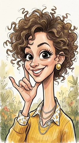 Curly-haired caricature beams with a wide smile and gold earring. — Nano Banana 2 AI Prompt: A vibrant watercolor-style caricature illustration of a cheerful individual with...