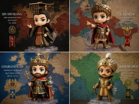 Chibi Emperor Augustus stands proudly with a glossy marble stand — Nano Banana 2 AI Prompt: 2x2 grid, do this for 4 famous historical emperors and their empires {Input = Su...