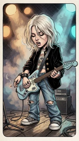 A platinum blonde rocker plays her guitar with emotional intensity — Nano Banana 2 AI Prompt: A vertical portrait 9:16 full-body clean-line comic book illustration of a young...