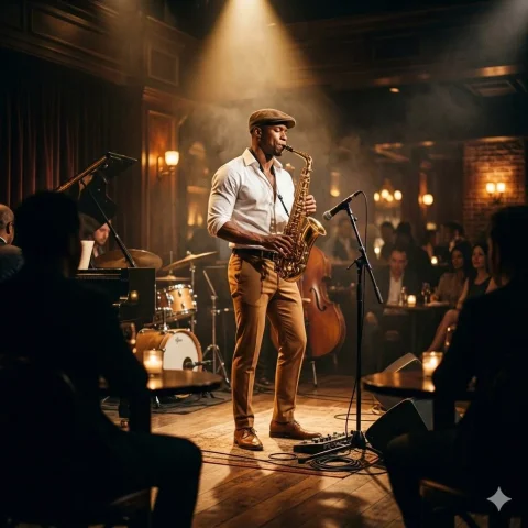Jazz saxophonist performs under dramatic spotlight in smoky club — Nano Banana 2 AI Prompt: A cinematic jazz performance in a luxurious, dimly lit interior at dusk. A full-...