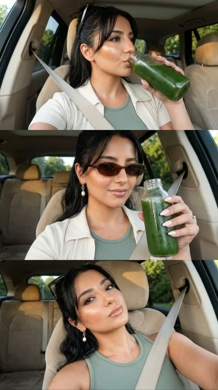 A off-duty it-girl takes a green juice detox selfie in car
