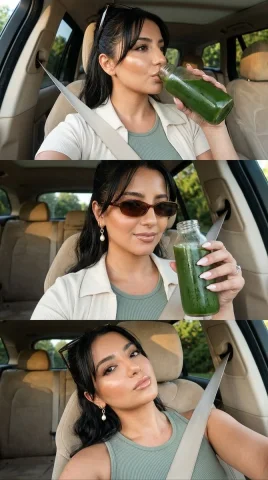 A off-duty it-girl takes a green juice detox selfie in car — Nano Banana 2 AI Prompt: { "concept": "off_duty_car_selfie_itgirl_green_juice_detox", "format": "...