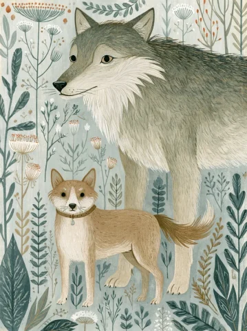Collared Dog Meets Feral Wolf — Midjourney v6 AI Prompt: create an image of a small domesticated dog wearing a collar standing in front o...