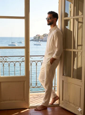 A man with a quiff and beard leans against weathered French doors — Nano Banana 2 AI Prompt: A confident adult male stands in profile, his face framed by a neatly trimmed fu...