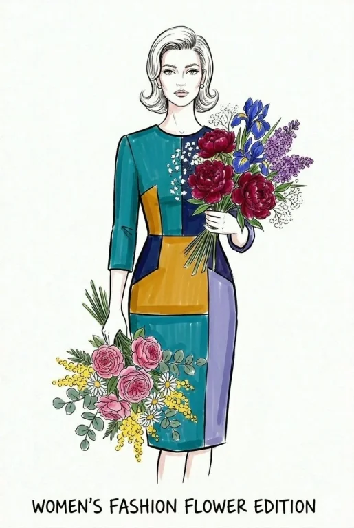 A stylish model in vibrant watercolor holds wildflowers and poses elegantly.