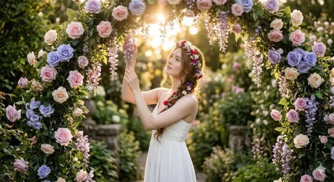 A woman in a white dress admires flowers under a golden arch — Nano Banana 2 AI Prompt: A beautiful young woman with fair skin and delicate features, standing in a lush...