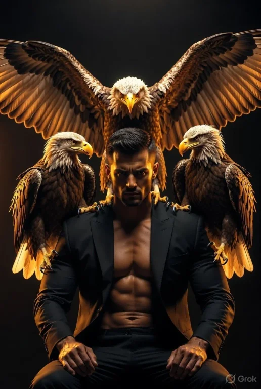 Muscular man with three golden eagles commands an epic portrait