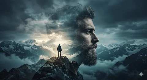 A young man's profile blends with misty mountain peaks — Nano Banana 2 AI Prompt: Double exposure portrait of an young man in profile, looking towards the right,...