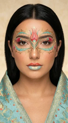 Ottoman tulip miniature blossoms across a model's serene face — Nano Banana 2 AI Prompt: { "concept": "wearable_art_makeup_ottoman_tulip_miniature", "format": "v...