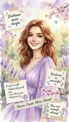 A young woman with flowing hair glows in lavender fields — Nano Banana 2 AI Prompt: A beautiful watercolor illustration of a smiling, young woman with long, wavy br...