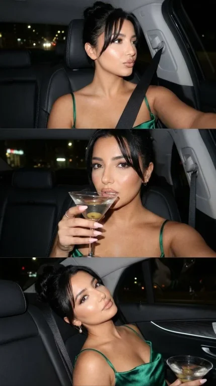 Emerald satin dress shines in night car selfie flash
