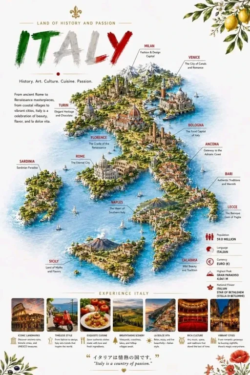 Detailed travel infographic map of Italy with landmarks and cities