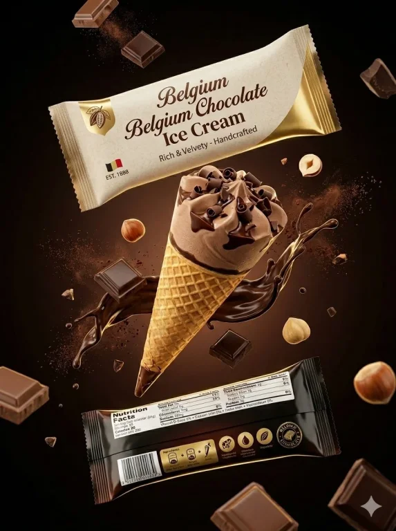 Cornetto Belgian chocolate cone floats in dark studio glow