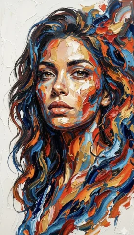 Vibrant Impasto Portrait of a Woman with Flowing Dark Hair — Nano Banana 2 AI Prompt: An impasto palette knife oil painting of a beautiful woman with captivating brow...