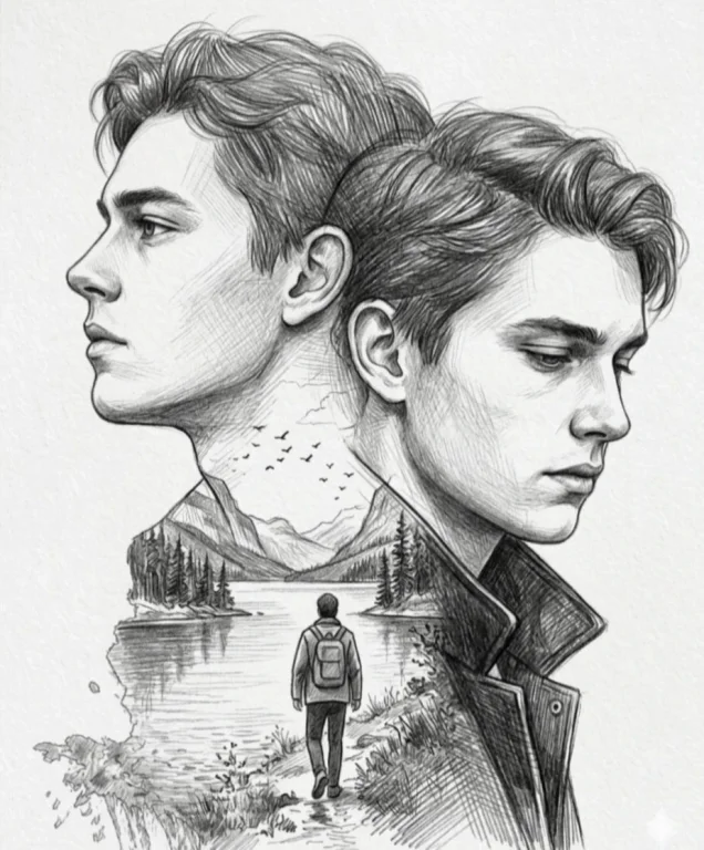 Young man's dual profiles merge with serene lake landscape sketch