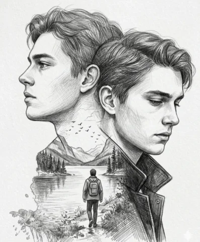Young man's dual profiles merge with serene lake landscape sketch — Nano Banana 2 AI Prompt: A pencil sketch utilizing a double exposure effect to merge two facial profiles...