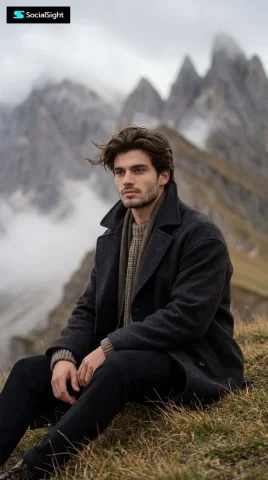 A solitary figure sits on a foggy mountain hill in winter coat. — Nano Banana 2 AI Prompt: Ultra realistic cinematic portrait of me sitting alone on a grassy hill in the m...