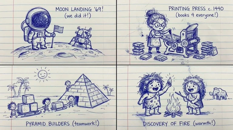 A ballpoint pen doodle of moon landing in a notebook