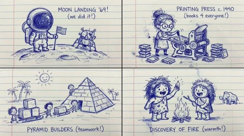 A ballpoint pen doodle of moon landing in a notebook — Nano Banana 2 AI Prompt: 2x2 grid, do this for 4 historic scenes in human history that made humans proud:...
