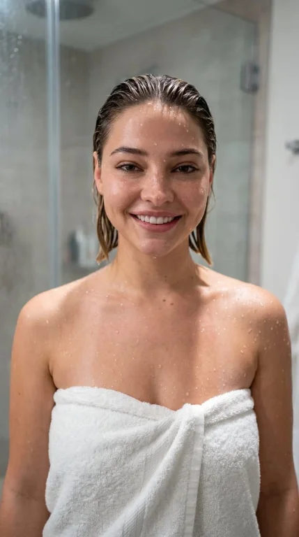 Ella Purnell's wet red hair gleams under bathroom lights after shower