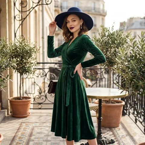 Autumn velvet dresses and hats shine in Parisian cafe settings. — Nano Banana 2 AI Prompt: A split-panel and single-shot fashion editorial showcasing a beautiful woman wit...