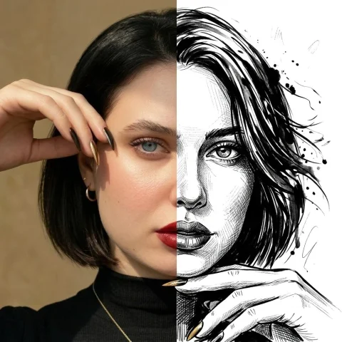 A split-face portrait blends realistic photo with ink illustration — Nano Banana 2 AI Prompt: A split-face dual-style portrait using the uploaded photo. The left half shows a...