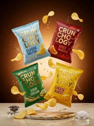 Four Crunchology chip bags float in golden studio light — Nano Banana 2 AI Prompt: A professional commercial product photography layout for a potato chips brand na...
