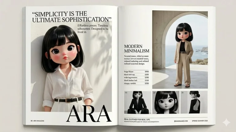 Chibi doll poses in sunlit linen against minimalist luxury backdrop