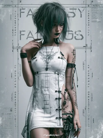 Cyberpunk Lucy Gray Poster Art — Midjourney v6 AI Prompt: Instagram shot. gray poster art. The charm of unexpected contrasts. lucy from cy...