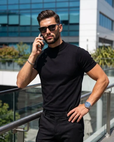 Confident businessman in black sunglasses leans against metal railing — Nano Banana 2 AI Prompt: A medium waist-up portrait of a muscular adult male with a tan, olive skin tone,...