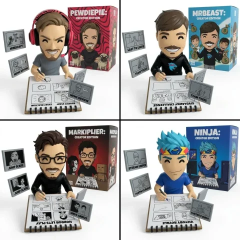 Four YouTubers appear in a premium cel-shaded diorama set — Nano Banana 2 AI Prompt: 2x2 grid, do this for 4 highly famous YouTubers: Anchor: A 3D diorama of the act...