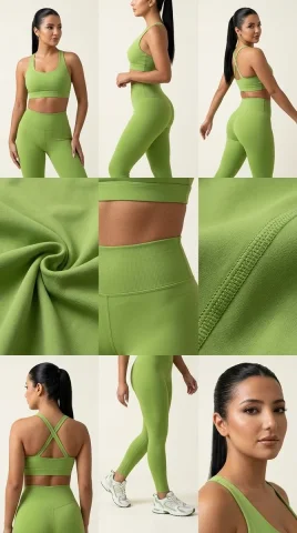 A fit model poses confidently in a green luxury activewear set. — Nano Banana 2 AI Prompt: { "generation_request": { "meta_data": { "task_type": "l...
