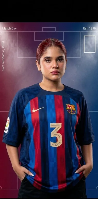 A confident woman in Barcelona jersey poses under stadium lights