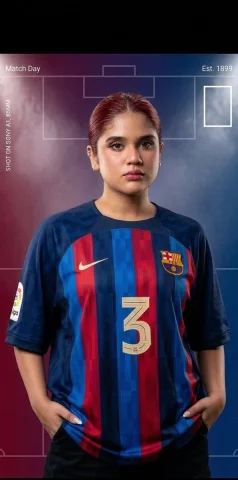 A confident woman in Barcelona jersey poses under stadium lights — Nano Banana 2 AI Prompt: (Create a premium studio portrait of a 30 year old young woman wearing an oversi...