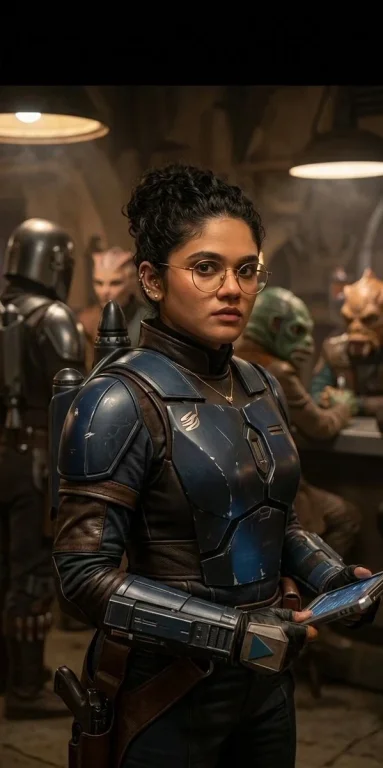 A bounty hunter negotiates a deal in a smoky cantina.