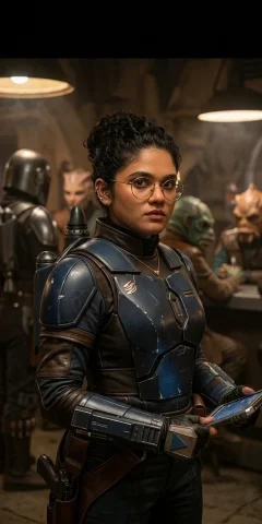 A bounty hunter negotiates a deal in a smoky cantina. — Nano Banana 2 AI Prompt: cinematic grounded scene of a woman with curly dark hair wearing glasses and fut...
